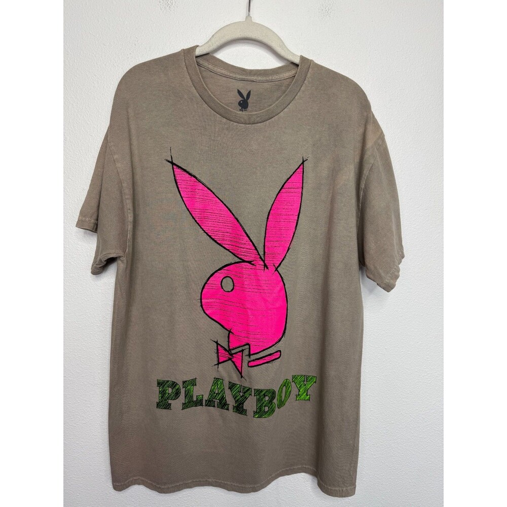 Playboy Large Graphic Logo T Shirt Gray Pink Short Sleeve Crewneck Short Sleeve